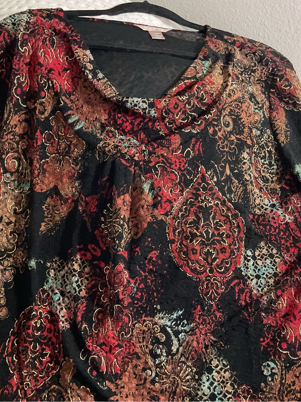 White Stag Black Scoop Neck Top with Red and Gold Medallion Print